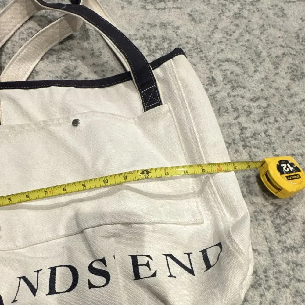 Lands' End Ivory/Navy Logo Tote Bag Snap Closure Inner Pockets Double Handles